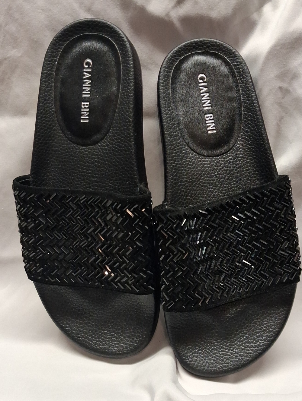 Gianni Bini Black Beaded Slide Sandals with Woven Shine
